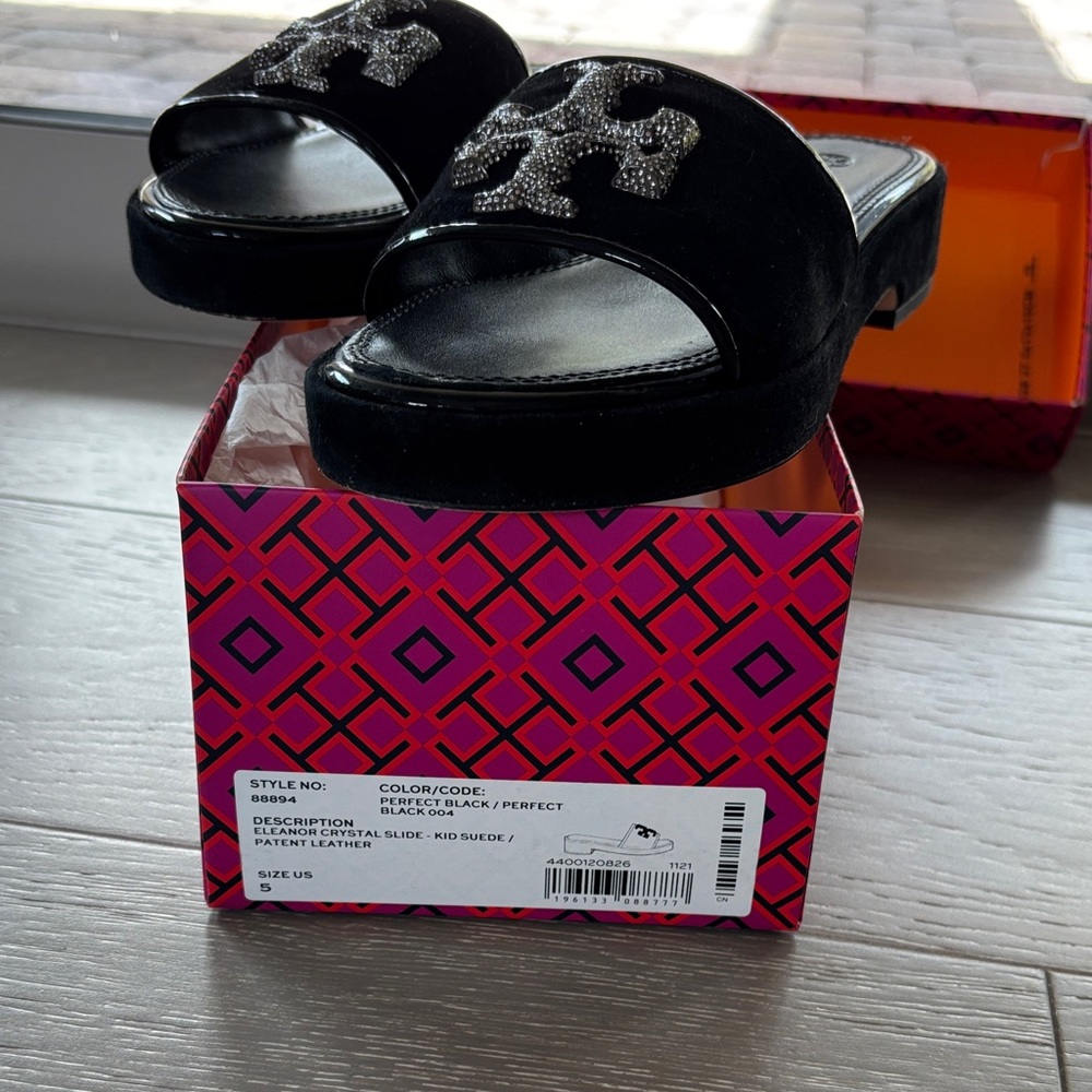 Tory Burch Black suede Eleanor Crystal Slides sz 5